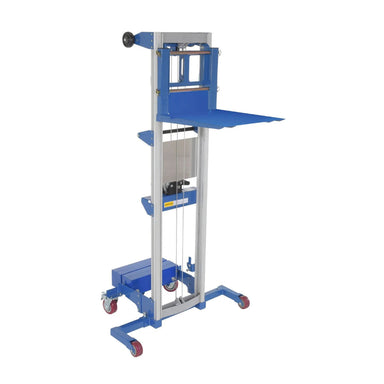 Manual stacker lift in blue and white, featuring a counterbalance design and a 350 lbs load capacity, with a deck platform.