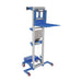 Manual stacker lift in blue and white, featuring a counterbalance design and a 350 lbs load capacity, with a deck platform.