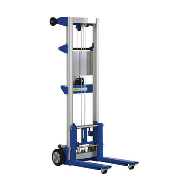 A blue and white manual stacker lift with a hand-crank winch, designed for loads up to 400 lbs, standing 117 inches tall.