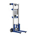 A blue and white manual stacker lift with a hand-crank winch, designed for loads up to 400 lbs, standing 117 inches tall.