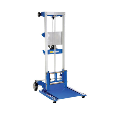 Blue manual stacker lift with a handle, featuring a straddle design and a 500 lbs load capacity, positioned upright.