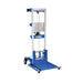 Blue manual stacker lift with a handle, featuring a straddle design and a 500 lbs load capacity, positioned upright.