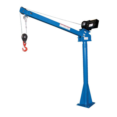  Blue industrial jib crane with a hook, 53.5" W x 59.5" H, 2000 lbs capacity, 12 Volt DC, adjustable boom reach.