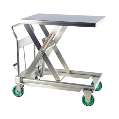 Stainless steel lift table with wheels, measuring 23.5" W x 35.5" D x 13" H, featuring a sturdy metal top.