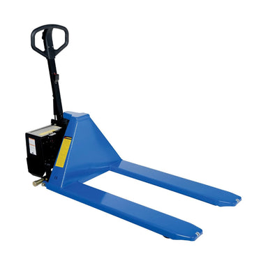Blue hand pallet with a handle, dimensions 27" W x 45" D x 32.25" H, designed for lifting with a 12 Volt DC motor.
