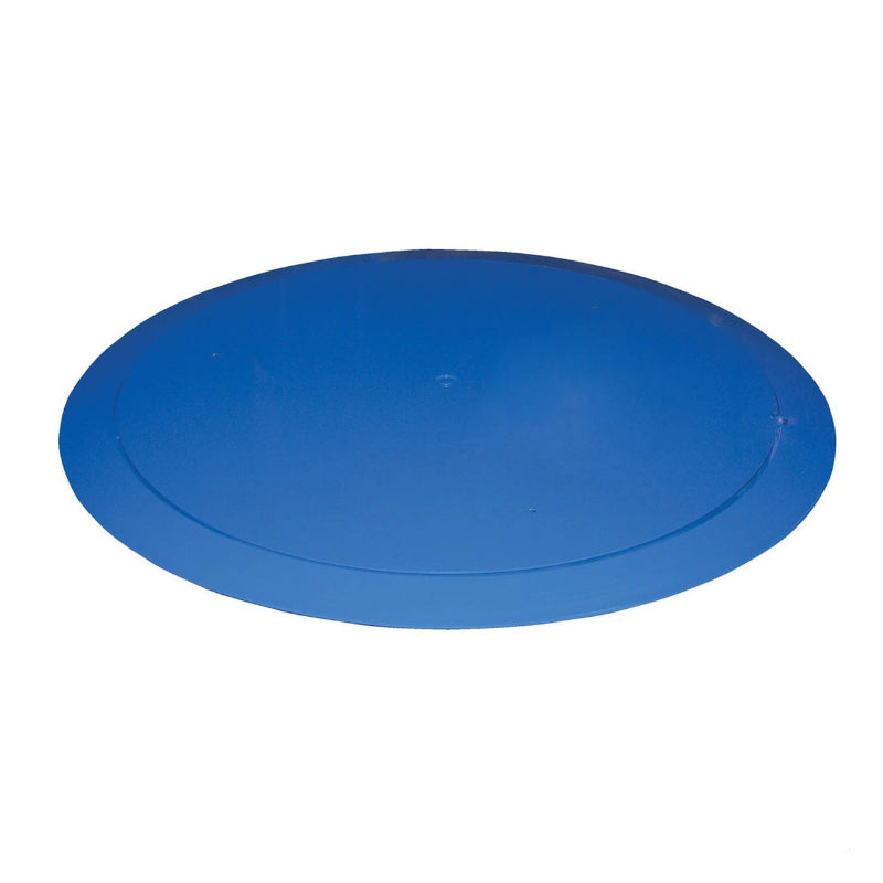square blue plastic turntable with a central hole, designed for manual pallet handling.