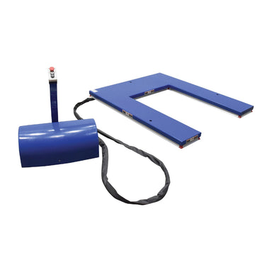 Electric pallet lift table in blue and black, featuring a cord, with a 3,000 lbs load capacity and external power pack.