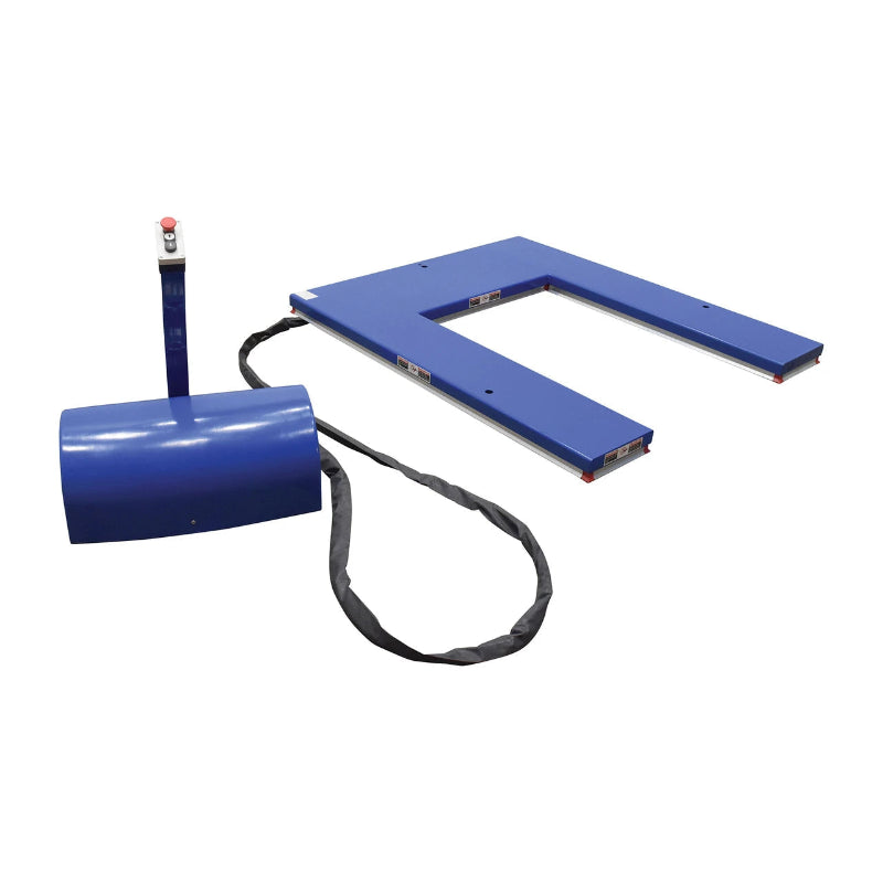 Electric pallet lift table in blue and black, featuring a cord, with a 3,000 lbs load capacity and external power pack.