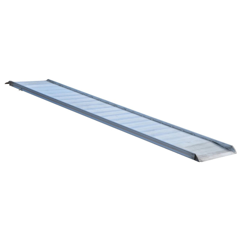 Full-length view of the Vestil AWR-38-16A aluminum walk ramp with raised side curbs and a textured walking surface.