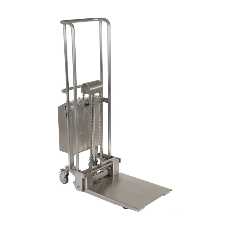 Metal hand truck with hydraulic lift, featuring a handle and cart