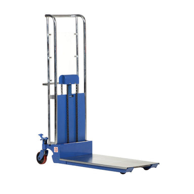  Manual stacker lift in blue and white, featuring a hand-crank winch, capable of lifting loads up to 400 lbs, 117 inches high.