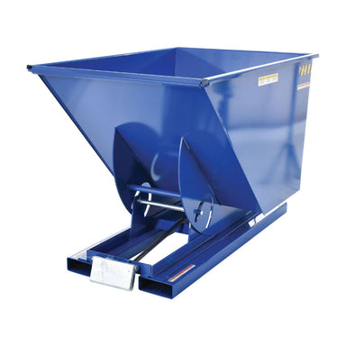 Blue dump truck with a metal frame, designed for transporting heavy loads, featuring a 6,000 lb capacity trash hopper.