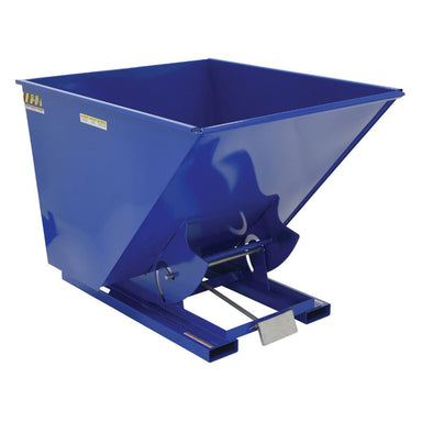 A blue dump truck with a metal frame, designed for transporting materials, shown in a construction setting.