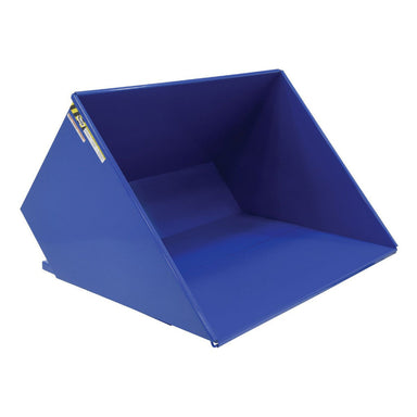 A blue dump truck with a metal base, designed for transporting waste, featuring a 4,000 lb capacity trash hopper.