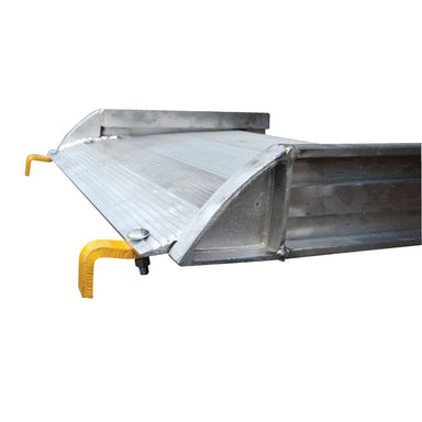 Close-up of the steel hook end and attachment hardware on an aluminum walk ramp.