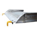 Close-up of the steel hook end and attachment hardware on an aluminum walk ramp.