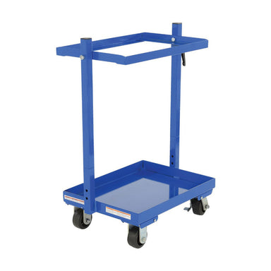 Blue metal stock picking cart with wheels, featuring one tilting shelf, standing 37.75 inches high.
