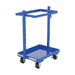 Blue metal stock picking cart with wheels, featuring one tilting shelf, standing 37.75 inches high.