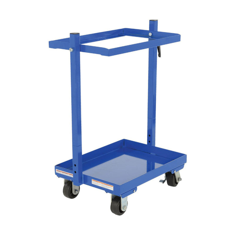 Blue metal stock picking cart with wheels, featuring one tilting shelf, standing 37.75 inches high.