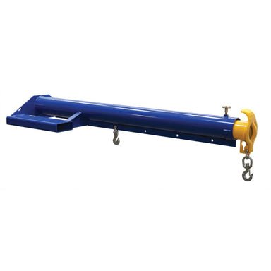 A blue and yellow telescoping forklift boom with a hook, measuring 86.25 inches wide and 13.5 inches high.