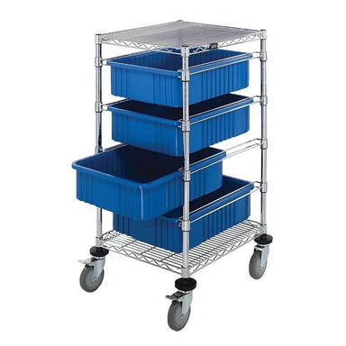 Blue rolling wire drawer cart with three plastic bins, 24" wide and 45" high, designed for easy mobility and storage.