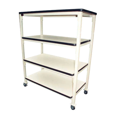 White and black adjustable shelf cart with four shelves, featuring a 60" W x 24" D plastic laminate work surface.
