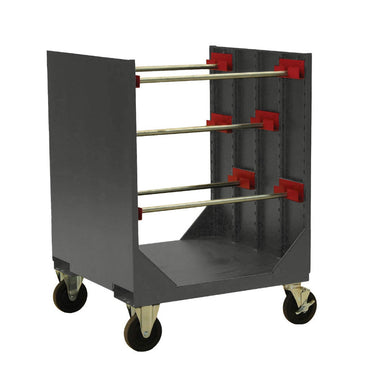 Metal wire spool cart with four wheels and a red handle, designed for adjustable storage of wire, cable, and tubing.