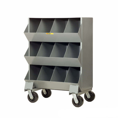 Large gray metal storage cart with 12 open bins and four shelves, made of 14-gauge steel for durability.