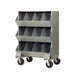 Large gray metal storage cart with 12 open bins and four shelves, made of 14-gauge steel for durability.