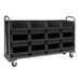 A black rolling storage cart with six bins, featuring a heavy-duty steel frame, designed for organization and mobility.