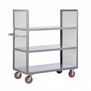  Three-sided steel cart with one shelf, steel mesh sides, and red wheels