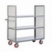  Three-sided steel cart with one shelf, steel mesh sides, and red wheels