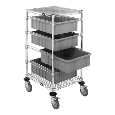 A grey trolley featuring three plastic bins on wheels, measuring 24" W x 45" H, ideal for organized storage solutions.