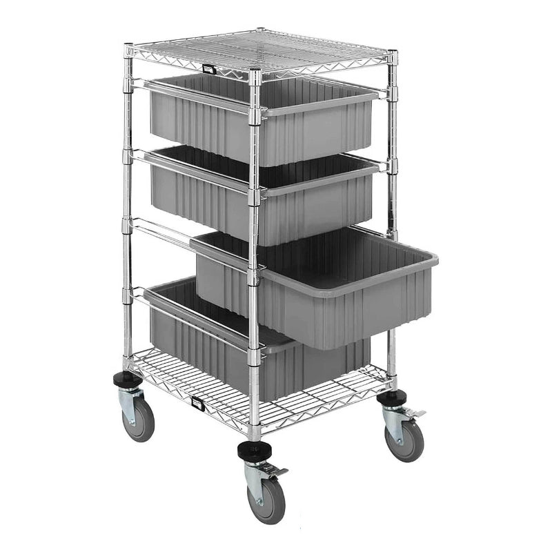 A grey trolley featuring three plastic bins on wheels, measuring 24" W x 45" H, ideal for organized storage solutions.