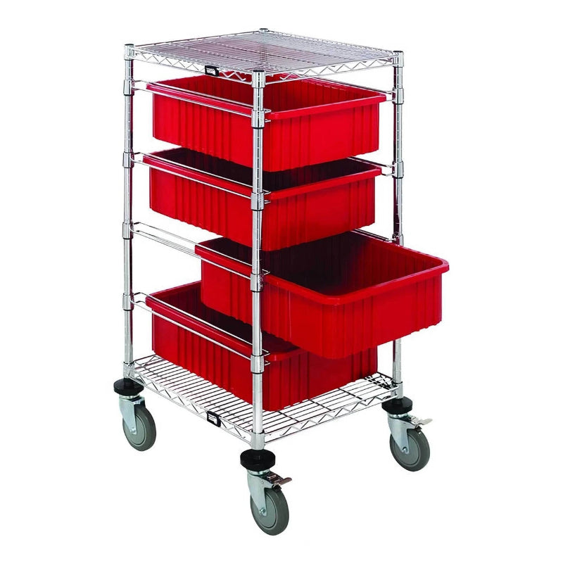 Red trolley with three plastic bins on wheels, 24" wide and 45" high, perfect for efficient organization and transport.