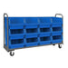 Heavy-duty black cart with six storage bins, measuring 78" W x 18" D, ideal for efficient organization and transport.