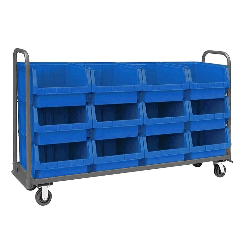 Heavy-duty black cart with six storage bins, measuring 78" W x 18" D, ideal for efficient organization and transport.