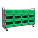 Green rolling storage bin cart with six bins, constructed from heavy-duty steel, suitable for versatile storage solutions.