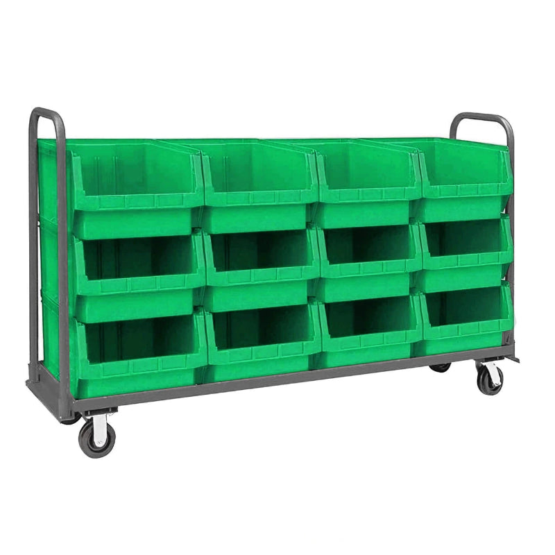 Green rolling storage bin cart with six bins, constructed from heavy-duty steel, suitable for versatile storage solutions.