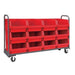 A sturdy red cart with six bins, 78" W x 18" D, made of heavy-duty steel for durable and mobile storage options.