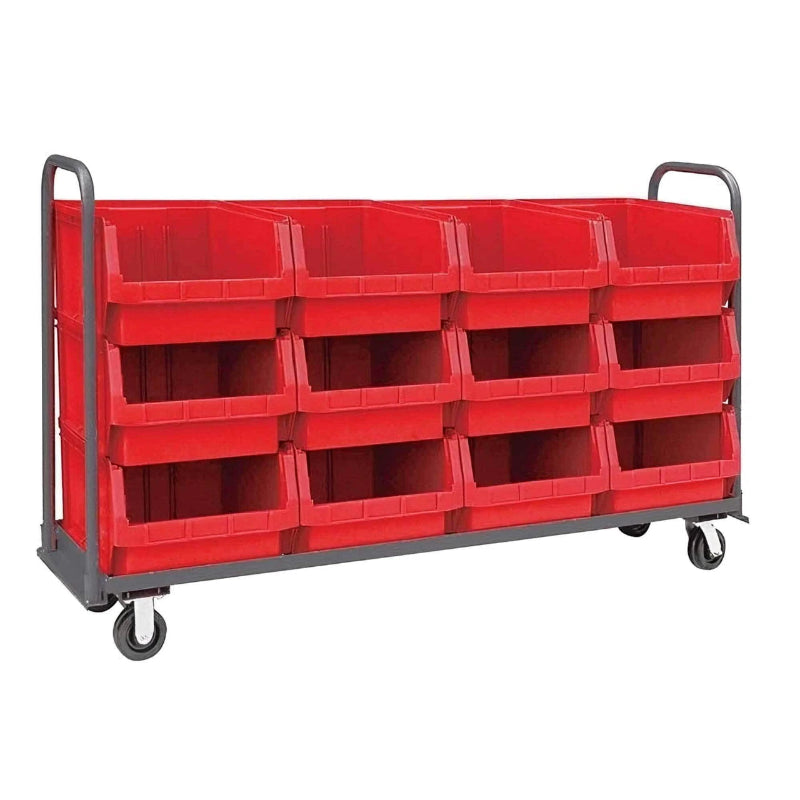 A sturdy red cart with six bins, 78" W x 18" D, made of heavy-duty steel for durable and mobile storage options.