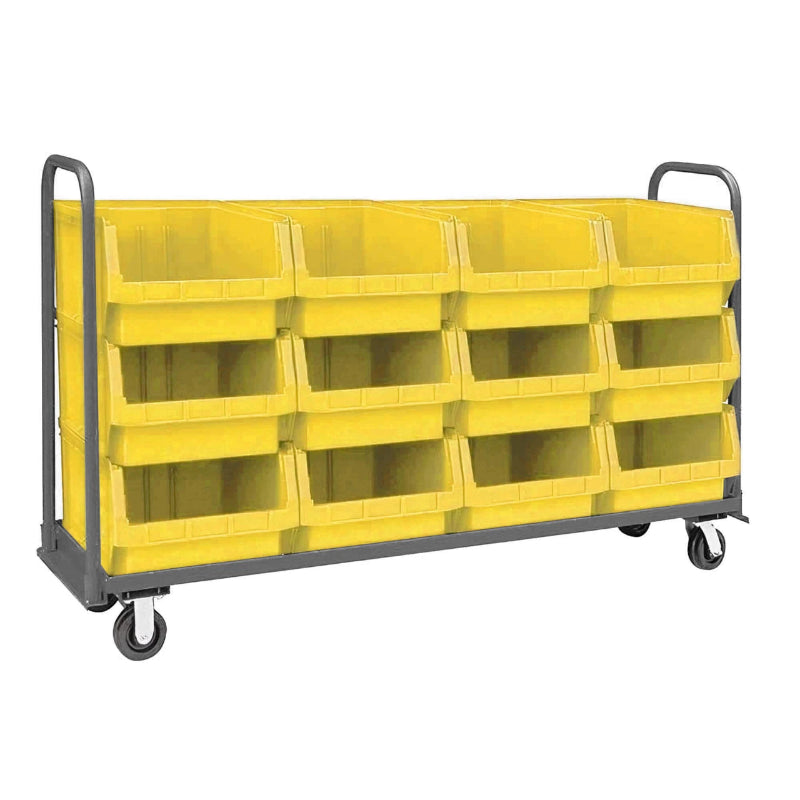 Heavy-duty steel frame cart in yellow, equipped with six bins, designed for efficient storage and easy mobility.