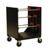 Four-wheeled metal cart featuring a red handle, ideal for organizing and storing wire, cable, hose, and chain spools.