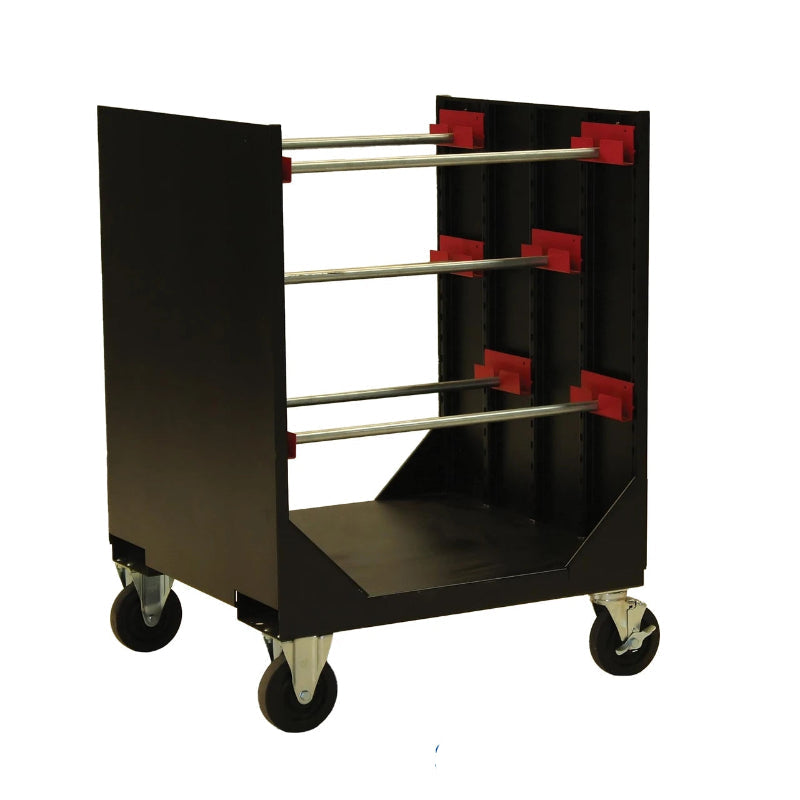 Four-wheeled metal cart featuring a red handle, ideal for organizing and storing wire, cable, hose, and chain spools.