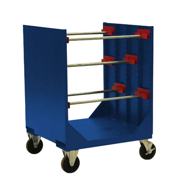 Adjustable metal cart with a red handle and four wheels, used for storing wire, cable, hose, and rope spools.