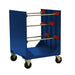 Adjustable metal cart with a red handle and four wheels, used for storing wire, cable, hose, and rope spools.