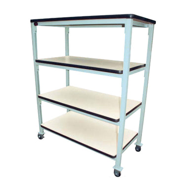 Four-shelf cart in white and black, showcasing a 60" W x 24" D adjustable plastic laminate work surface.