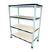Four-shelf cart in white and black, showcasing a 60" W x 24" D adjustable plastic laminate work surface.