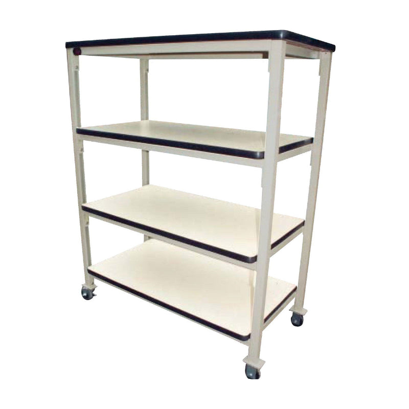 Four-shelf cart in white and black, designed with adjustable shelves and a 72" W x 24" D laminate work surface.
