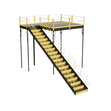Metal stairway with yellow and black colors, equipped with a railing, leading to a warehouse mezzanine with anti-skid surface.